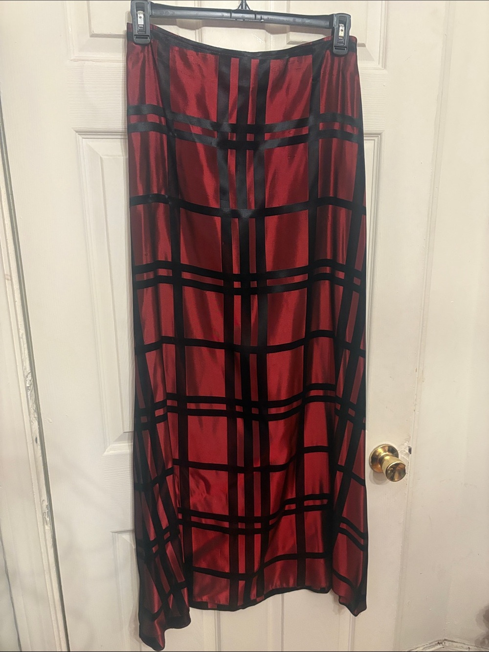 JS Collections Red and Black Plaid Satin Maxi Skirt